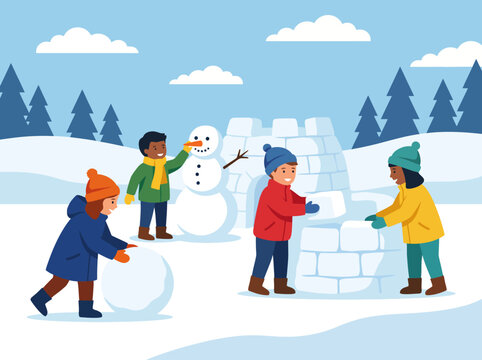 A cheerful scene of children enjoying winter activities, building a snowman and an igloo while playing in the snow amidst a beautifully scenic winter landscape.