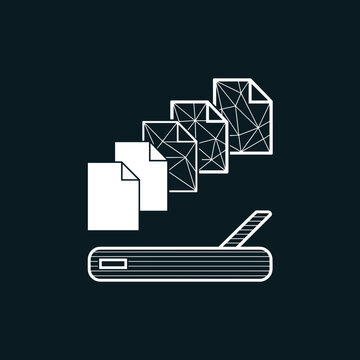 Document scanner converting paper into wireframe - Perfect for digital archiving tools, cloud transformation services, or document scanning promos.