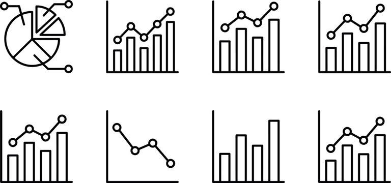Business Analytics and Financial Graph Icon Set with Data Charts, Pie Statistics, Marketing Reports, and Corporate Vector Illustrations