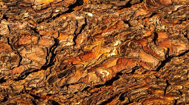 Intricate weathered bark texture of pine tree trunk with deep cracks and orange hues lit by sunset creating natural forest organic patterns for design background.