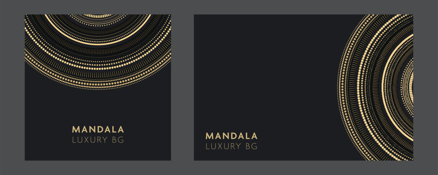 High-end black and gold mandala background collection featuring shimmering circular patterns. Ideal for luxury branding, premium event invitations, and sophisticated dark-themed art projects.