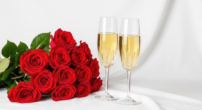 A romantic setup featuring fresh red roses in full bloom placed next to two crystal champagne glasses on a white table cloth background, clear, elegant, background