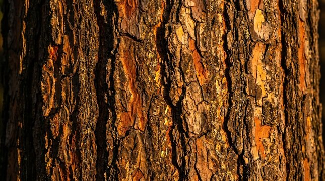 Natural pine tree bark surface close up featuring deep fissures and golden sunlight reflection creating textured abstract forest wallpaper for interior design art.