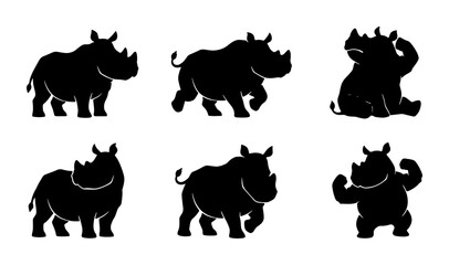 Rhino Silhouette Collection, Six Vector Poses of African Wildlife, Black and White Animal Icons for Design © Hasibur