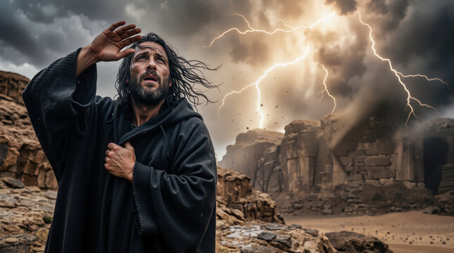 Biblical man in dark robe looking up at stormy sky with lightning. Ancient prophet praying in rocky desert landscape. Divine revelation and religious faith concept