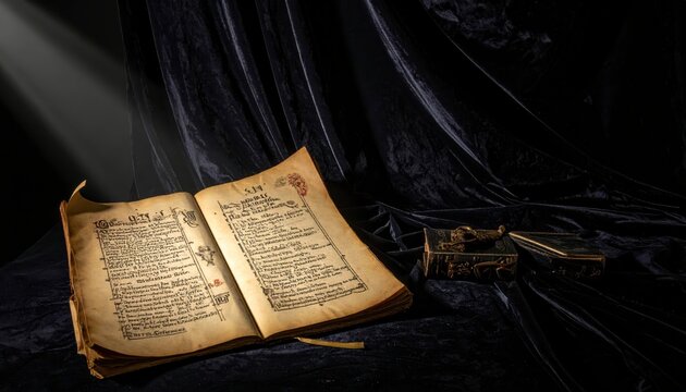 An ancient, fragile medieval parchment codex lies open to an illuminated page filled with ornate script and illustrations.