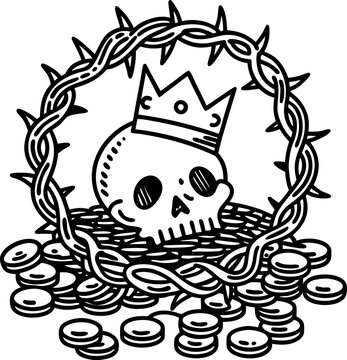 Skull wearing crown inside thorny wreath surrounded by scattered coins and braided chain
