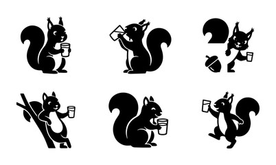 Charming Squirrel Vector Icons: Cute Forest Animals Enjoying Drinks, Acorns, and Playful Poses, Set of 6 Black and White Silhouettes © Hasibur