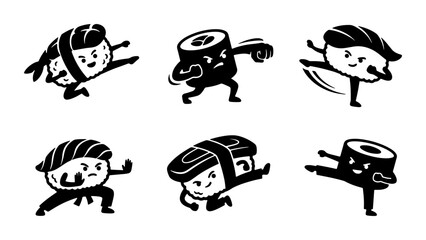 Martial Arts Sushi Characters, Karate Nigiri & Maki Action Poses, Japanese Food Fighters Vector Set © Hasibur