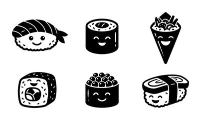 Kawaii Sushi Icons Set, Cute Japanese Food Vector Graphics, Adorable Nigiri, Maki, Temaki, Gunkan, Uramaki Illustrations for Menus and Branding © Hasibur