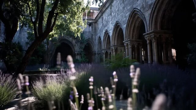 Serene historic cloister garden with ancient stone architecture, blooming lavender plants, lush greenery, and dappled sunlight.