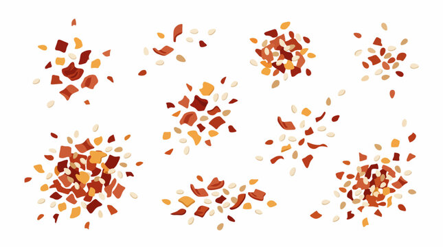 Minimalist illustration of red chili flakes and sesame seeds scattered across a white background