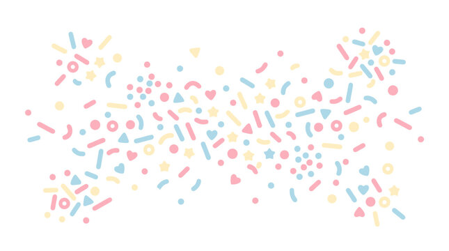 Colorful pastel sprinkles scattering over a white background in a minimalist flat design style