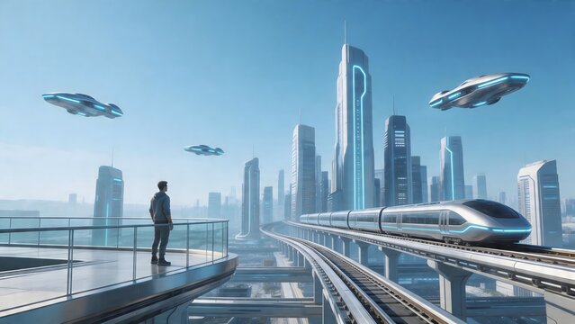 Futuristic city with flying vehicles and train