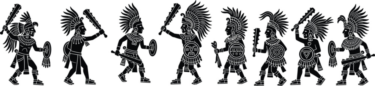 Black silhouette of ancient Aztec warriors and Mayan indigenous fighters set with traditional feather headdresses, shields, and macuahuitl weapons.