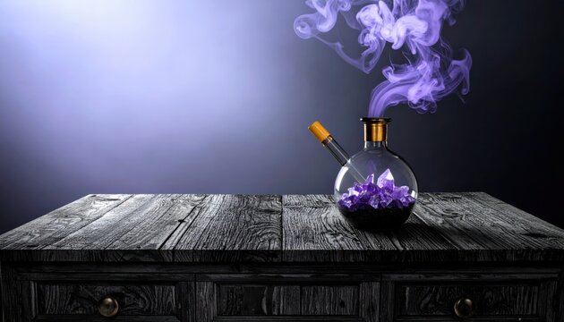 Intricate purple vapor emanating from a flask containing sublimating iodine crystals on a dark wooden surface