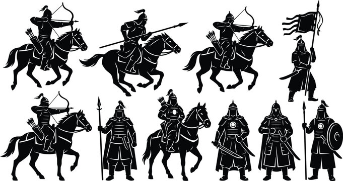 Ancient medieval warriors set including silhouette of mongol cavalry horse archers knights with spears swords shields and banner vector illustration