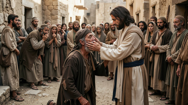 Jesus healing a blind man in a biblical village. Historical reenactment of a miracle. Religious scene with crowd