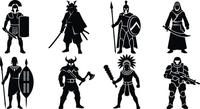 Elite international gladiators silhouette pack featuring ancient warriors samurai spartan viking aztec zulu and futuristic sci fi soldier icon vectors