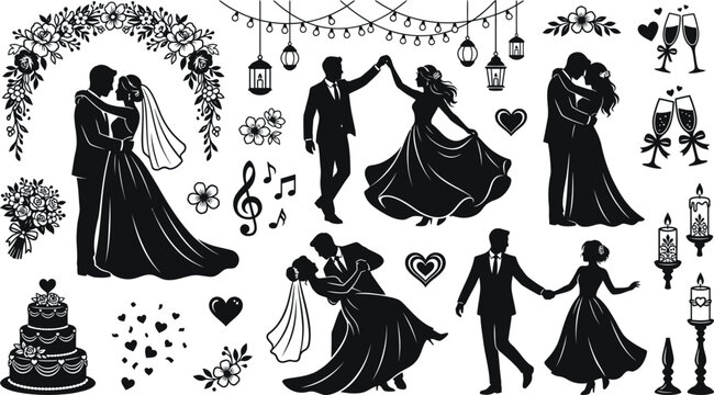 Wedding silhouette icons bride groom dance and love symbols vector