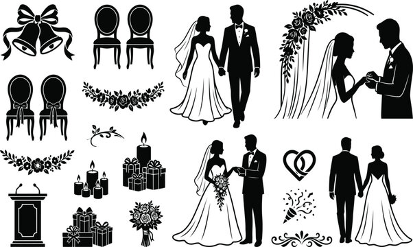 Wedding silhouette icons set bride groom ceremony vector