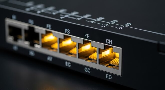 Macro view of a network switch with illuminated ethernet ports, showcasing essential technology for connectivity and data transfer.