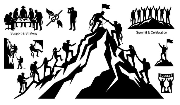 Vector set of mountain climbing team silhouettes featuring hikers reaching the summit, rock climbers helping each other, business strategy support groups, and triumphant celebrations with flags on pea