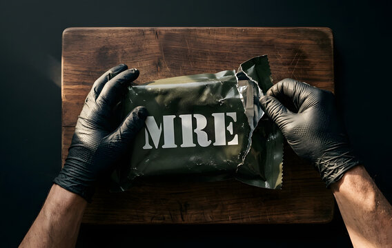 Top view in black gloves opening a military MRE ration package.