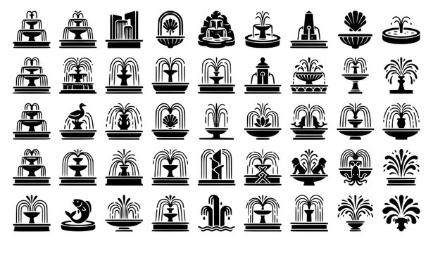 Vector set of water fountain icons featuring diverse black silhouette designs of park geysers, outdoor garden water features, splashing sprays, cascading streams, and architecture elements for logos a