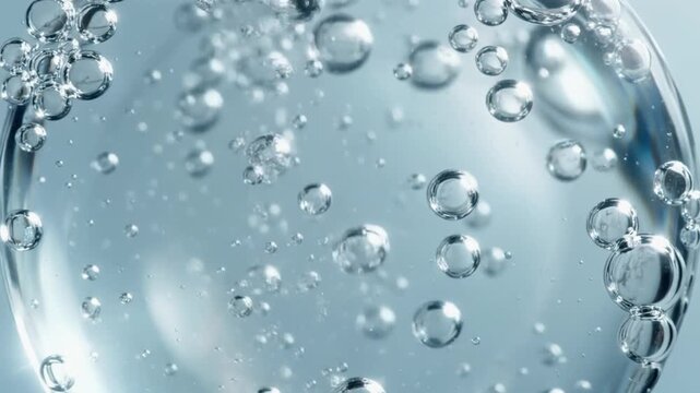 Macro shot of clear water bubbles floating in a transparent sphere with a soft blue background and a shallow depth of field.