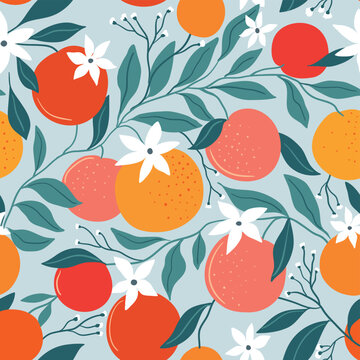 Beautiful seamless botanical pattern with fresh oranges, delicate flowers, and hanging branches in a soft Mediterranean style. Perfect for textile prints, wallpaper, packaging, fabric, wrapping paper