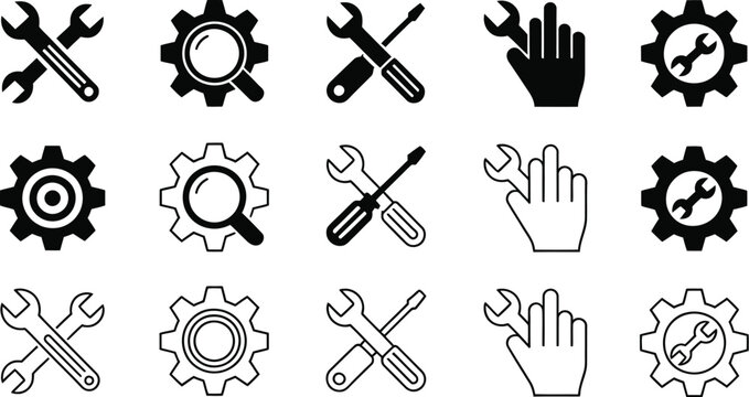 Technical support and repair icon set featuring wrenches screwdrivers gears magnifying glasses and hand tools for maintenance vector illustrations