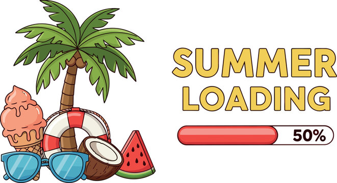 Summer loading concept illustration with tropical beach elements sunglasses watermelon coconut and progress bar vacation design