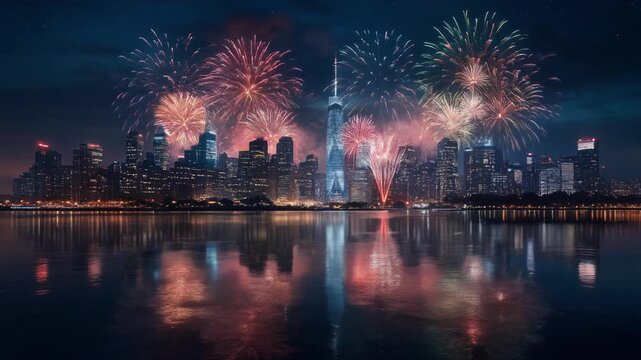 Nighttime cityscape with fireworks display over a body of water, reflecting colorful lights and skyscrapers.