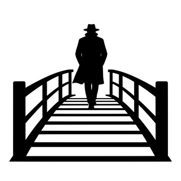 Black silhouette of a man in a hat walking on a bridge, isolated on a transparent background. Perfect for noir concepts.