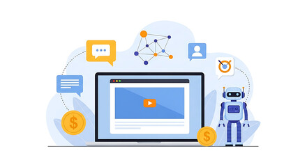 Fototapeta premium A robot stands beside a laptop displaying a video surrounded by icons.