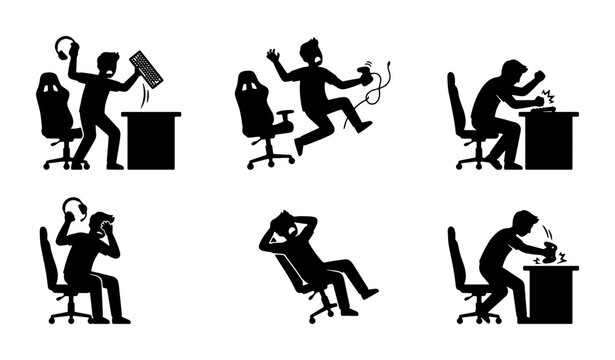 Gamer Frustration Silhouettes: Six Scenes of Gaming Stress, Anger, and Defeat, Vector Icons for Digital Content