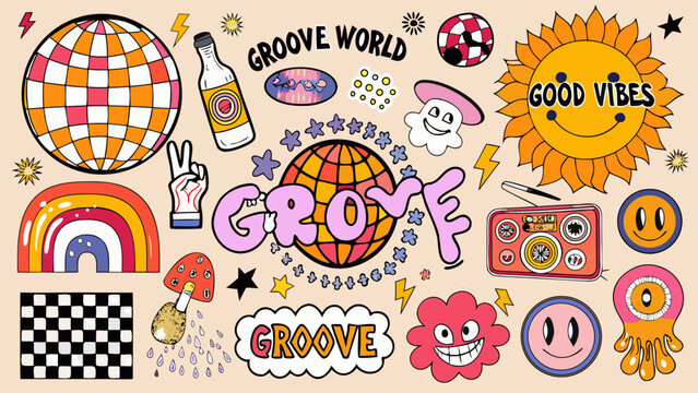 retro groovy sticker collection with psychedelic patterns colorful illustrations and hand drawn elements on a beige background