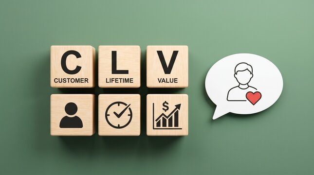 Customer Lifetime Value CLV acronym on wooden blocks, business marketing strategy concept, loyalty and retention metrics for growth