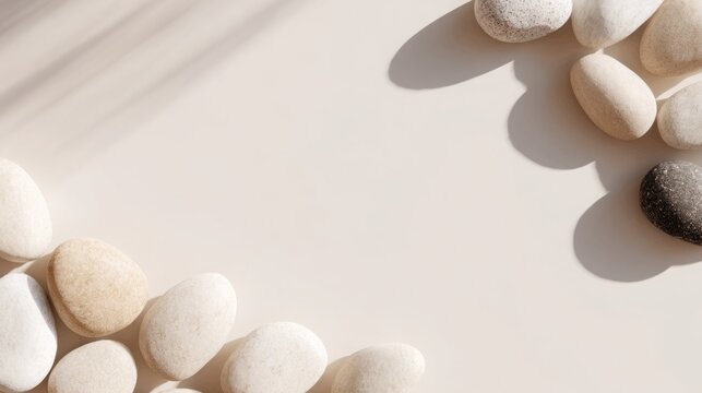 Minimal frame made of smooth natural pebbles on light background, zen spa atmosphere, soft shadows, calm organic design, large space, ultra realistic