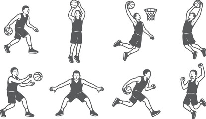 Basketball player in various poses, active, dynamic movements, slam dunk, shooting, dribbling. © Sadhin