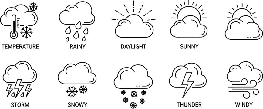 Minimal weather icon collection featuring sunny rainy snowy windy thunderstorm and temperature forecast symbols vector illustration