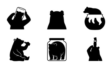 Bear Silhouette Icons, Honey Pot & Jar Vector Graphics, Cute Animal Illustrations, Black and White Simple Designs © Rosna