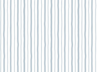 Obraz premium Seamless hand drawn vertical stripe pattern with irregular dusty blue wavy lines of varying width on white background. Simple organic minimal design for fabric, wallpaper, nursery and stationery.