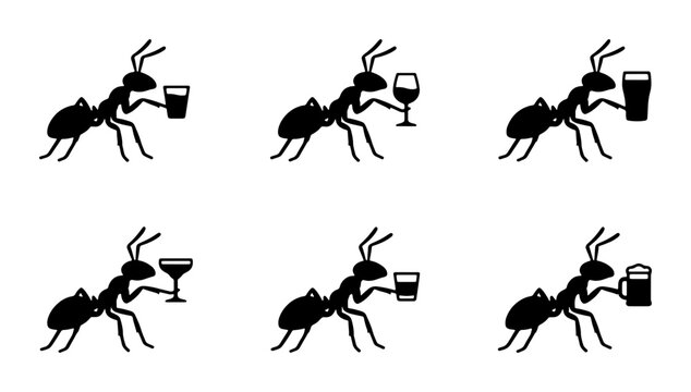 Six Black Silhouette Ants Holding Drinks, Vector Icons for Party, Celebration, and Bar Themes. Minimalist Insect Graphics for Beverage and Social Concepts.