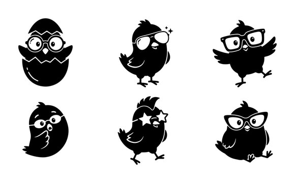 Cute Black Chick Icons Set, Baby Bird Vector Graphics, Adorable Easter Characters, Funny Animal Illustrations for Kids