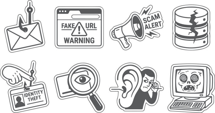 Cyber security icons set for online safety and scam protection with phishing and data breach symbols.
