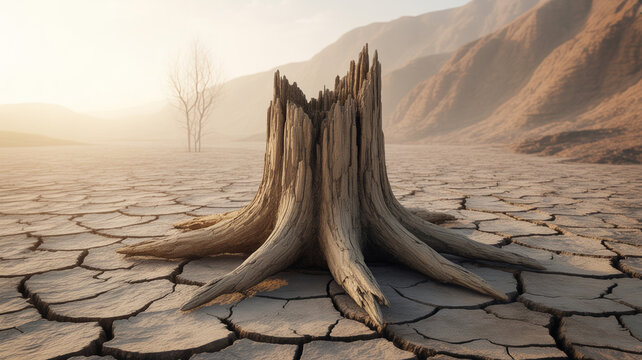 Dried out tree stump in a desert landscape with cracked ground and mountains