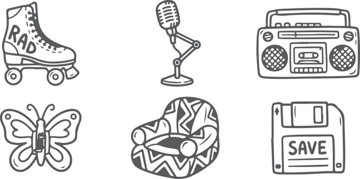 Retro 1980s or 1990s doodles: roller skate, microphone, boombox, butterfly, armchair, floppy disk.