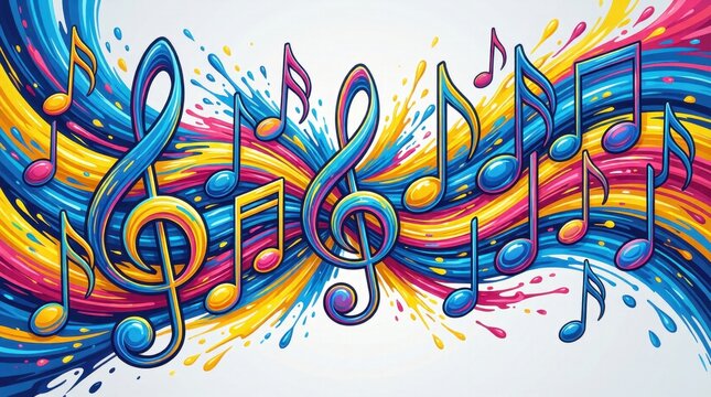 Musical notes swirling in colorful abstract paint explosion